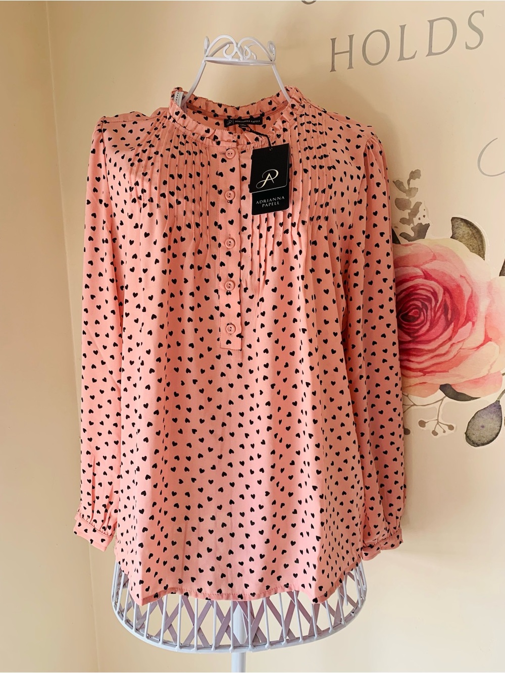 Adrianna Papell Heart Print Pintuck Button Down Blouse Blush Black Romantic M
